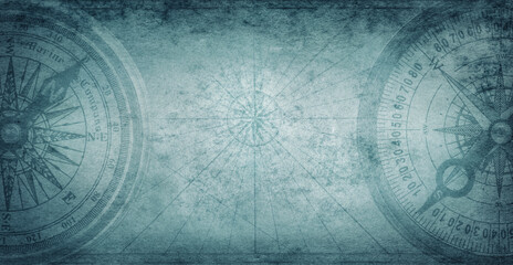 Obraz premium Starożytny stary kompas na tle vintage mapy. Przygoda, odkrywanie, nawigacja, geografia, edukacja, pirat i koncepcja motywu podróży. Zespół historii i geografii. Retro przestarzały.