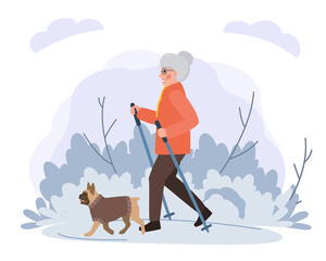 Old woman walking with dog in park flat illustration. Stock vector. Sport and activity with dogs for the elderly people, nordic walking, healthy lifestyle.
