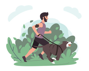 Young man running with dog in park flat illustration. Stock vector. Sport and activity with dogs, healthy lifestyle.