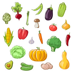 set of vegetables cartoon drawings vector vegan food illustration