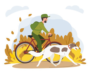 Man riding bicycle with dog in park flat illustration. Stock vector. Sport and activity with dogs, healthy lifestyle.