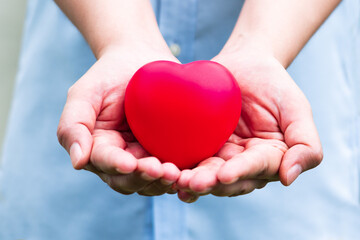 woman holding red heart on hand, Blood donation concept