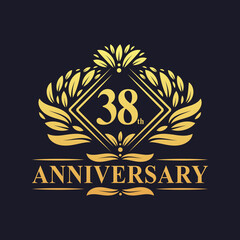 38 years Anniversary Logo, Luxury floral golden 38th anniversary logo.