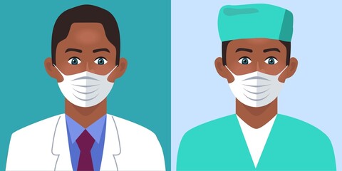 Fototapeta premium Concept of coronavirus. man as doctor. Female characters in medical uniform and face masks. Vector illustration.