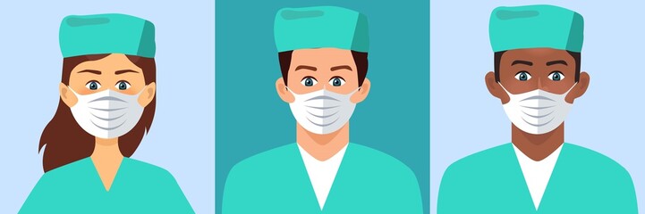 Concept of coronavirus. Woman and man   as doctor or nurse. Female characters in medical uniform and face masks. Vector illustration.