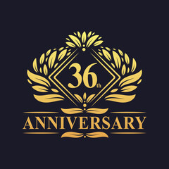 36 years Anniversary Logo, Luxury floral golden 36th anniversary logo.