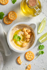 Vegan hummus made of fresh chickpeas and oil