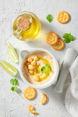 Enjoy your hummus made of fresh chickpeas and oil