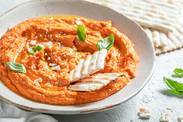 Homemade tomato hummus as quick and tasty snack