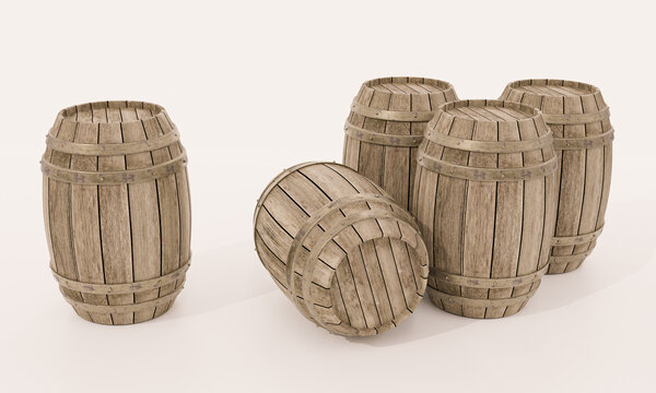 Wooden barrels for wine fermentation There is a metal band for squeezing the body on the floor and a white wallpaper. 3D Rendering.