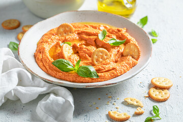 Traditional tomato hummus as healthy and quick snack