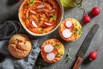 Enjoy your roll with hummus, radish and herbs