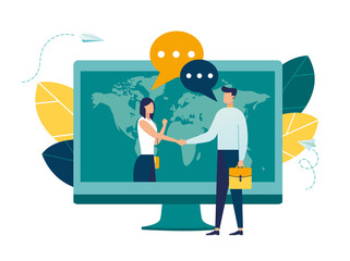 online conclusion of the transaction. the opening of a new startup. business handshake, via phone and laptop. vector illustration in a flat style investor holds money in ideas online.