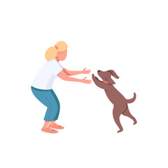 Woman play with dog flat color vector faceless characters