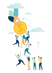 Vector illustration, team a group of people hold each other without losing a coin, achieve goals, decline in income, take money 