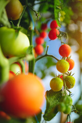Organic red ripe tomatoes grown in a greenhouse