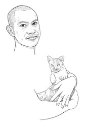 Drawing funny portrait of a Asian man carry cute cat on white background.