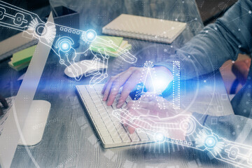 Double exposure of technology hologram with man working on computer background. Concept of big data.