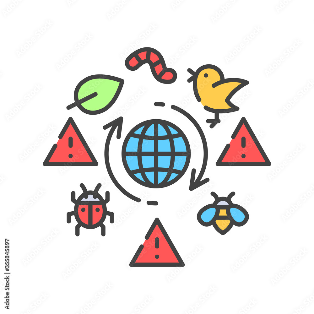 Poster biodiversity loss color line icon. extinction animal species. environmental problems. sign for web p