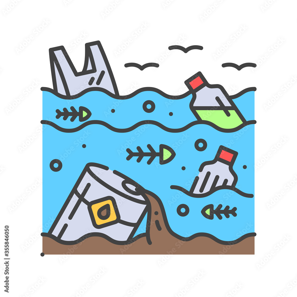 Poster water pollution color line icon. environmental problems. sign for web page, app. ui ux gui design el