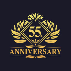 55 years Anniversary Logo, Luxury floral golden 55th anniversary logo.