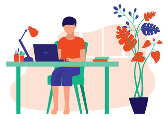 One Boy Using Laptop To Study At Home. Homeschool. E-Learning. Online Education. Full Length. Flat Design.