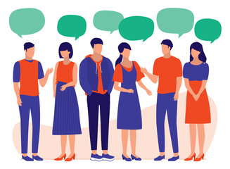 Obraz premium Group Of People With Speech Bubbles. Young Men And Women Talking And Listening To One Another. Social Media, Communication And Business Networking Concept.