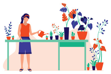 One Young Women Watering Plants. Home Garden. Gardening. Planting. Full Length. Flat Design.