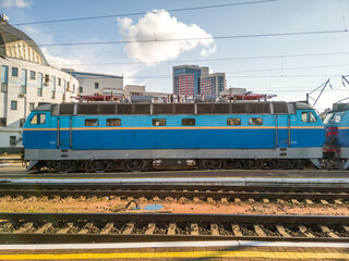 Kyiv, Ukraine - May 27, 2020: Old blue electric AC locomotive of company Skoda on Kyiv central railway station.
