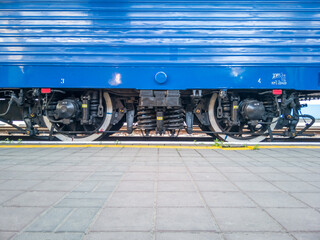 Kyiv, Ukraine - May 27, 2020: A wheelset of blue electric AC locomotive of company Skoda on Kyiv central railway station.