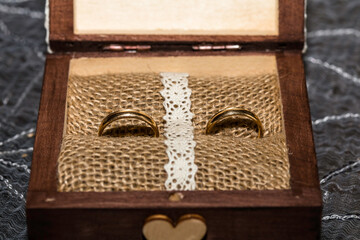 Wedding rings on a beautiful rustic lace, in the rustically box.