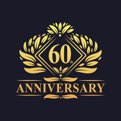 60 years Anniversary Logo, Luxury floral golden 60th anniversary logo.