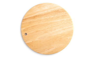Wooden round cutting board isolated on white background. Top view.