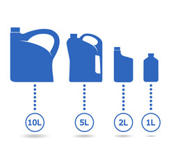 Plastic canisters blue set. Icons for the engine oil cans with different volume