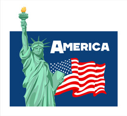 Statue of Liberty, symbol of New York, USA, USA flag on a blue background. Vector illustration
