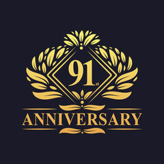 91 years Anniversary Logo, Luxury floral golden 91st anniversary logo.