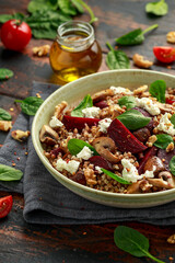 Buckwheat and beetroot salad with mushroom, walnut, spinach and feta cheese. healthy diet food