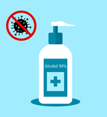 Vector illustration of medical alcohol bottle for disinfection of hands from coronovirus.