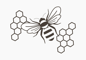 Vector icon with bee and honeycombs dark brown on a white background.