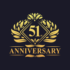 51 years Anniversary Logo, Luxury floral golden 51st anniversary logo.