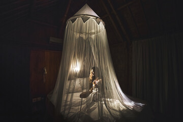 Romantic evening for woman in dark bedroom with lamp light. Covered with beautiful white canopy and sitting on bed. Asian style. © Oleg Breslavtsev