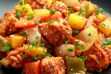 Pineapple and Chicken in sweet and sour sauce with bell pepper, rice and spring onion in black plate