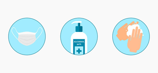 Set of vector icons mask, disinfectant and hand sanitizer.