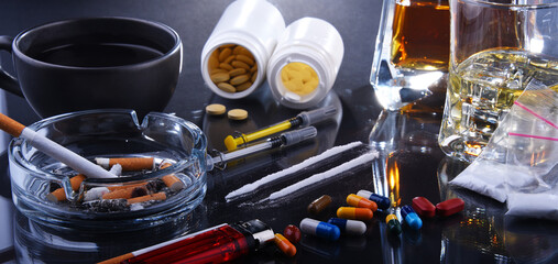 Fototapeta na wymiar Addictive substances, including alcohol, cigarettes and drugs