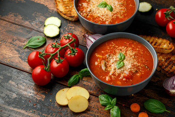 Seasonal vegetables classic minestrone soup with pasta served with cheese, grilled sour dough bread and basil leaves