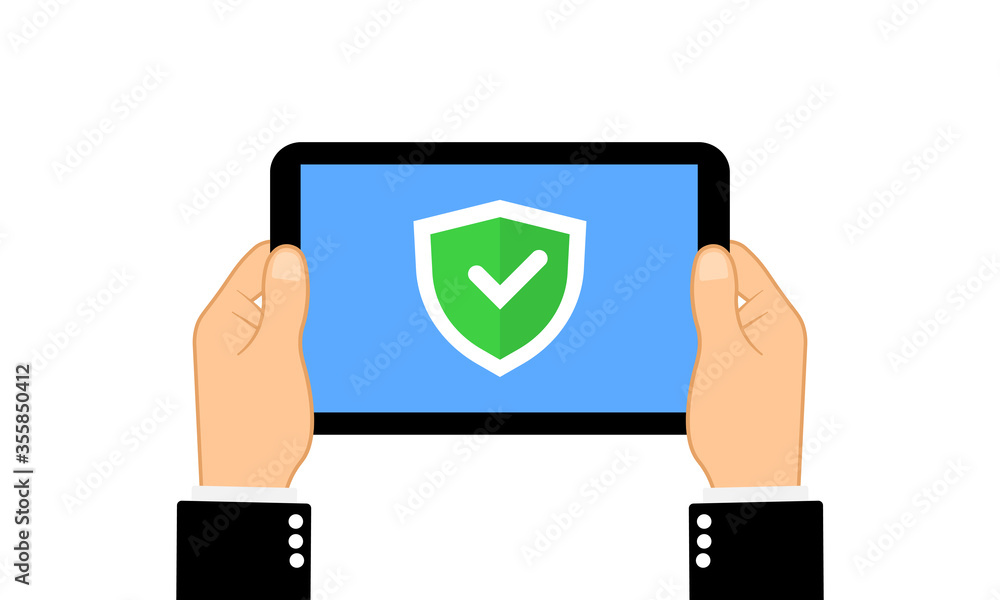 Poster hands holding tablet computer with check mark tick in the shield . flat design on isolated backgroun