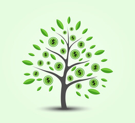 Vector illustration of money tree with dollars and leaves.