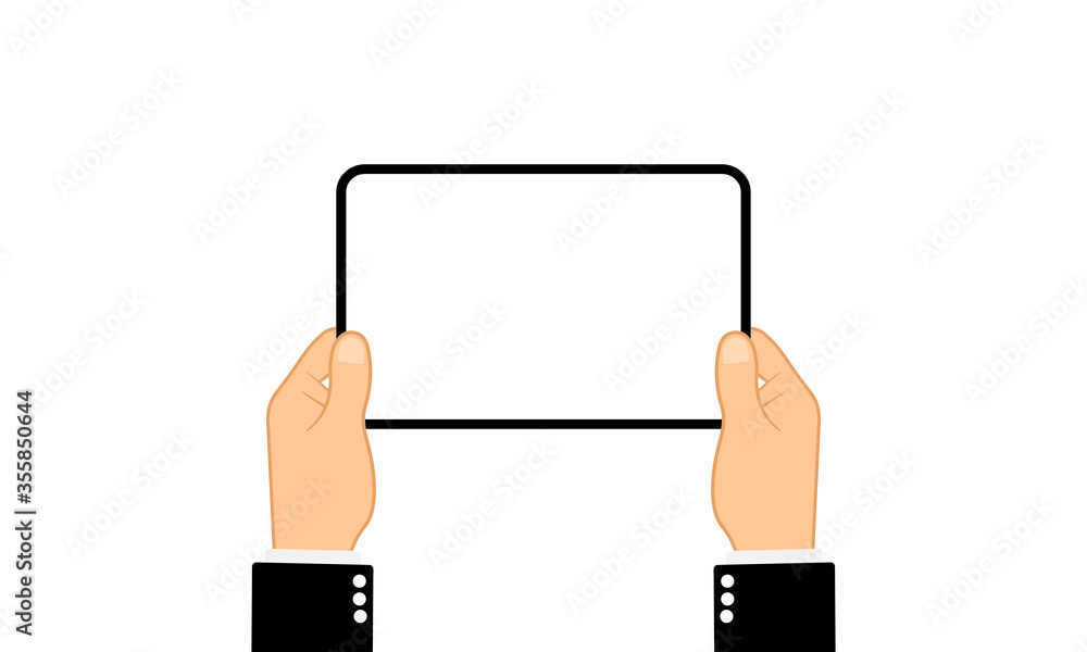 Poster hands holding tablet computer with blank screen. flat design concept on isolated background. eps 10 