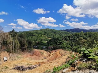 Beautiful green forest and blue sky above during a trekking in Tambunan, Sabah. Malaysia, Borneo....