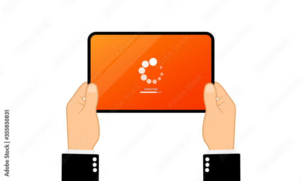 Poster hands holding tablet computer with software update. downloading data concept. vector on isolated whi